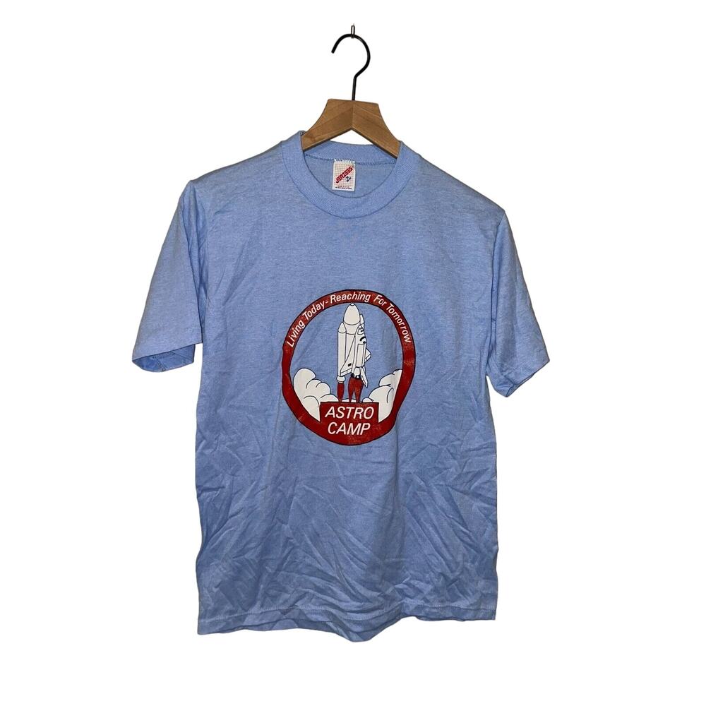 Vintage Rocket Ship Shirt Astro Camp Living Today Nasa Graphic Blue Tee 80s L